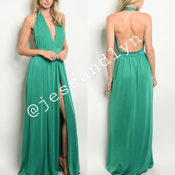 🆕SALE Emerald Halter Formal with front slits - Picture 2 of 6